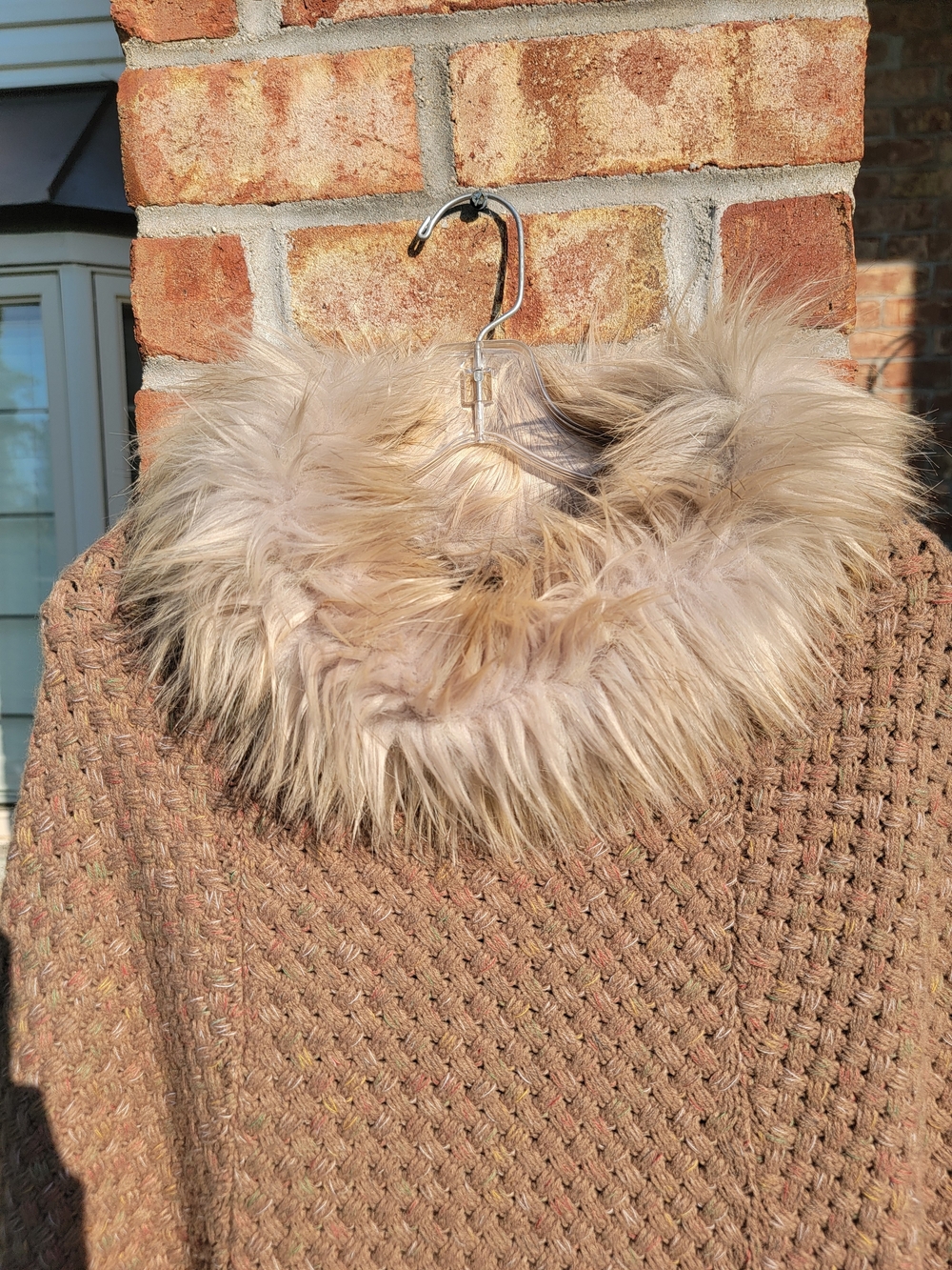 Steve Madden Taupe Knit Sweater Poncho with Faux-Fur Collar Trim - Picture 2 of 9